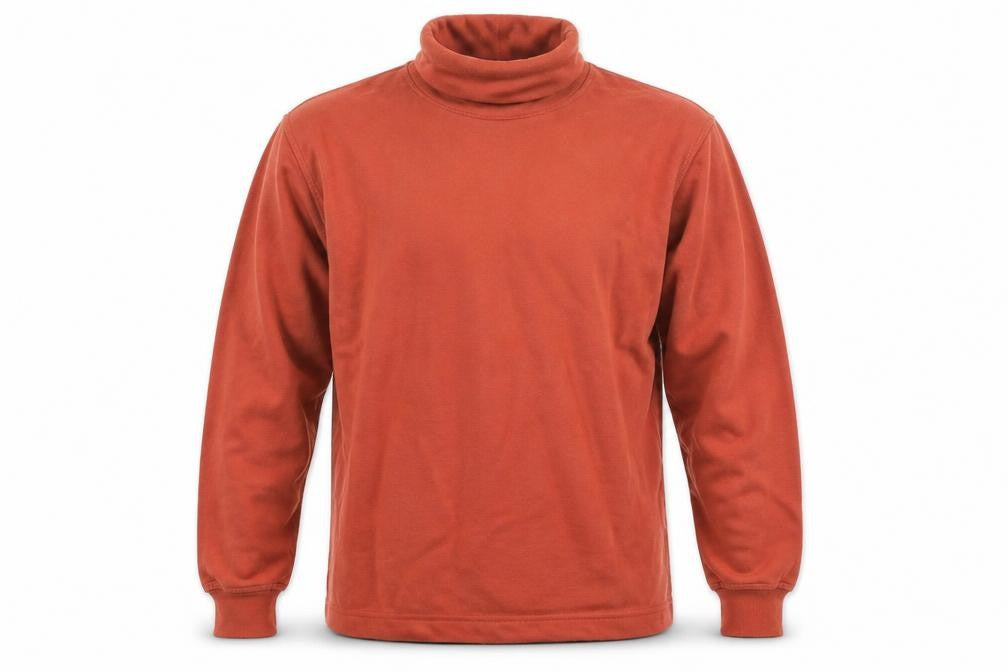 Front view of men’s brown pullover sweatshirt, size M