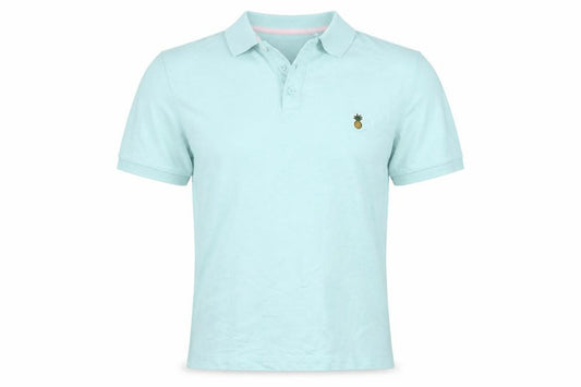 Front view of Easy men’s blue polo, size S, - pineapple