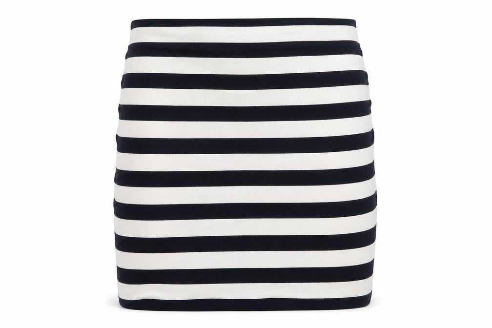 Front view of H&M women’s blue striped jersey a-line skirt, size S