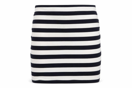 Front view of H&M women’s blue striped jersey a-line skirt, size S