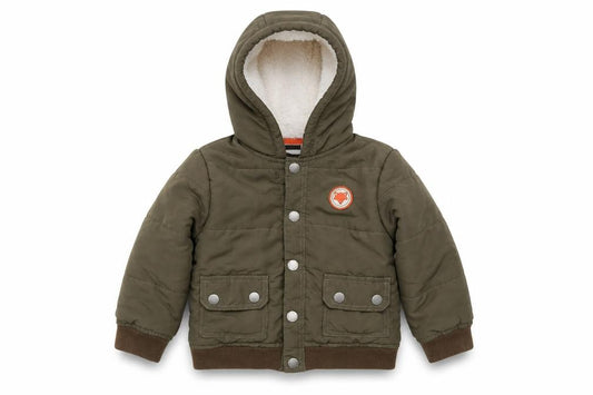 Front view of Little Me boys’ brown puffer jacket jacket, size 2, years