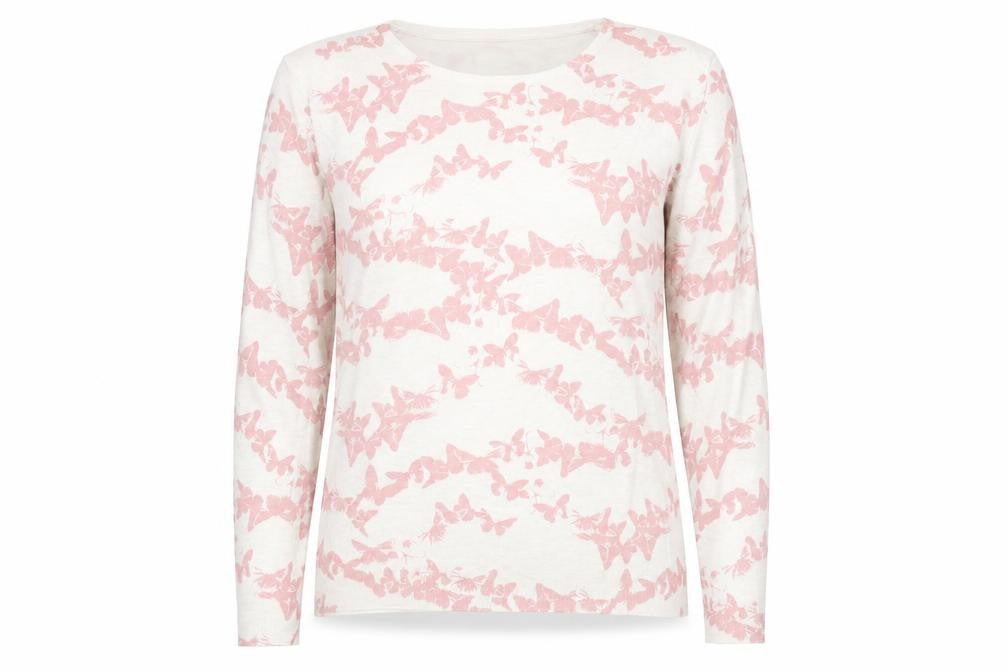 Front view of Marks & Spencer women’s pink geometric knit jumper, size UK 14