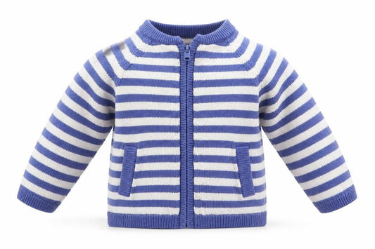 Front view of Merc Baby Blue Striped Knit Cardigan Jumper, size 0-3, Months