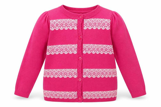 Front view of Pink Polkadot girls’ pink geometric knit cardigan jumper, size 2, years