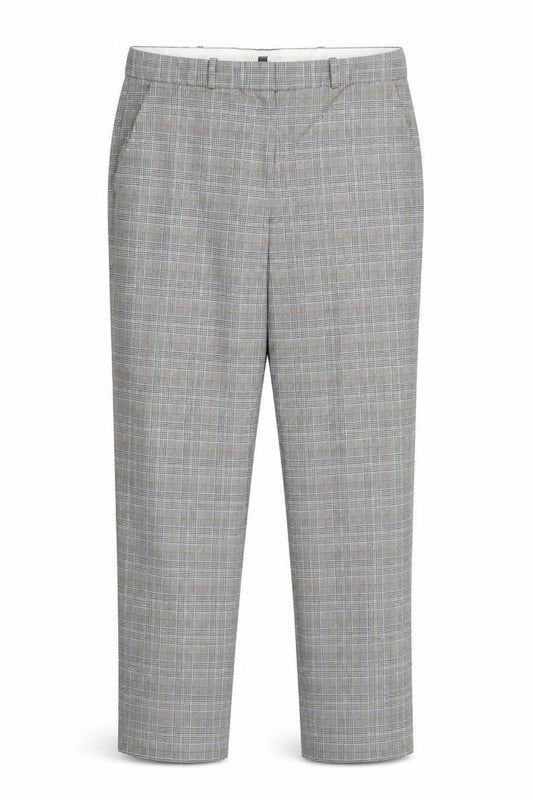 Front view of Preworn women’s multicoloured check trousers, size UK 32, in, 26-inch leg