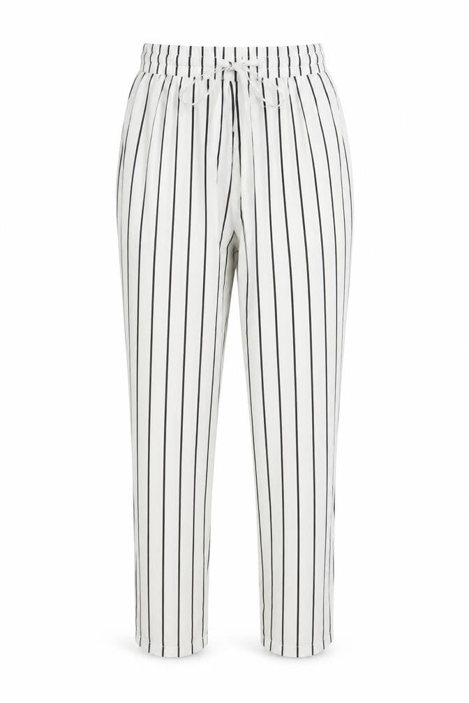 Front view of PRETTYLITTLETHING women’s white striped trousers, size UK 6, 26-inch leg