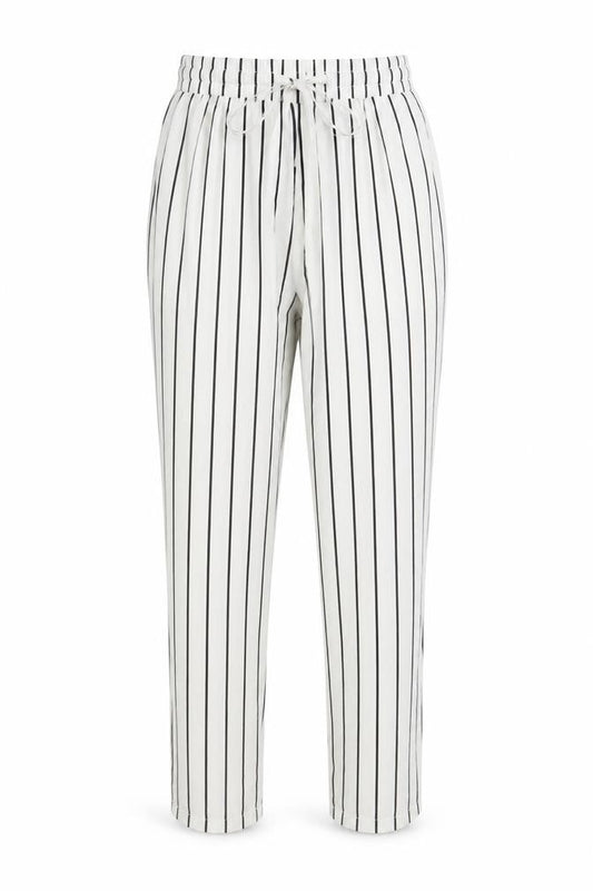 Front view of PRETTYLITTLETHING women’s white striped trousers, size UK 6, 26-inch leg