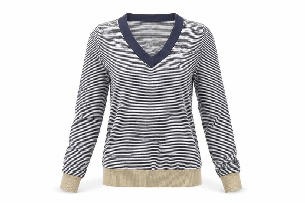 Front view of Trinny & Susannah women’s blue striped jumper, size UK 10