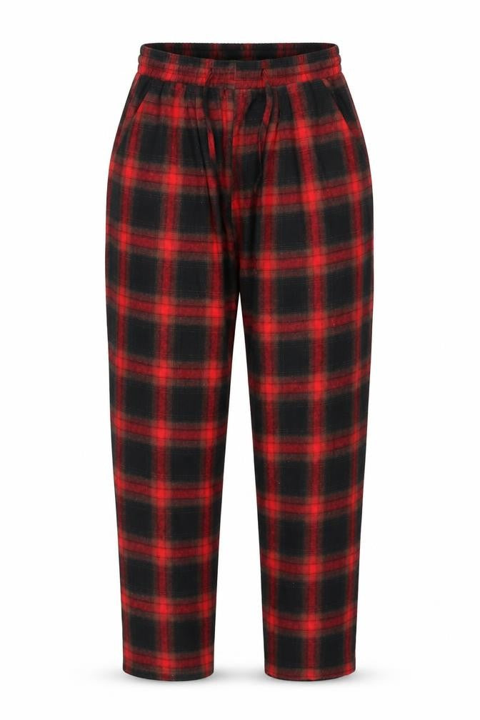 Front view of PRETTYLITTLETHING women’s black check jogger trousers, size UK 8, 25-inch leg