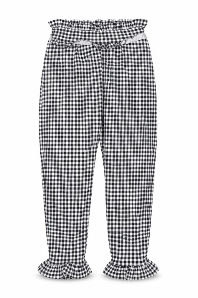 Front view of PRETTYLITTLETHING women’s black check trousers, size UK 10, 24-inch leg