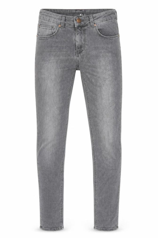 Front view of Never Denim women’s grey denim skinny jeans, size UK 27, in, 31-inch leg