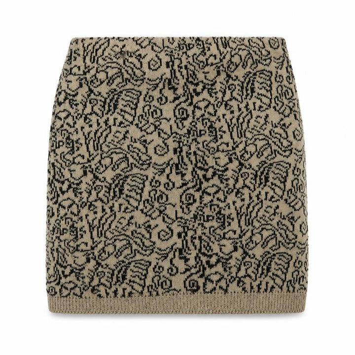 Front view of Preworn women’s beige geometric mini skirt, size S, - stretch waistband
