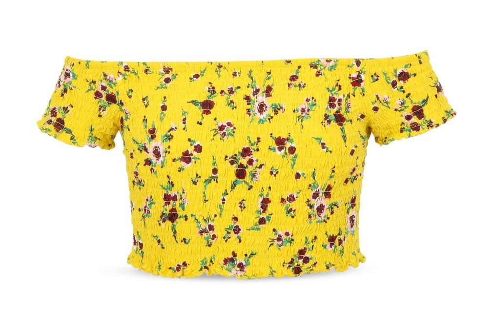 Front view of Primark women’s yellow floral basic t-shirt, size UK 8