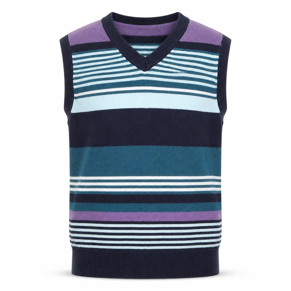 Front view of Next boys’ purple striped vest jumper, size 6, years - blue