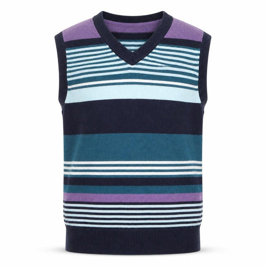 Front view of Next boys’ purple striped vest jumper, size 6, years - blue