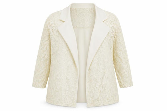 Front view of Select women’s beige lace jacket, size UK 16