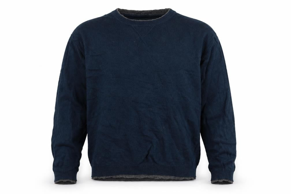 Front view of Wosley men’s blue jumper, size L