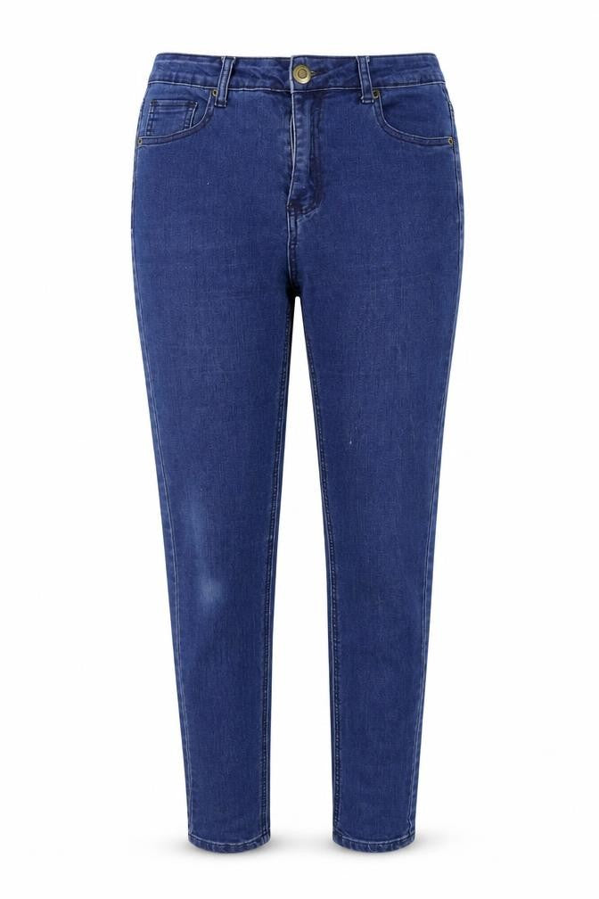 Front view of Boohoo women’s blue straight jeans, size UK 10, 28-inch leg
