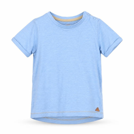 Front view of Mothercare boys’ blue jersey basic t-shirt, size 9-12, months