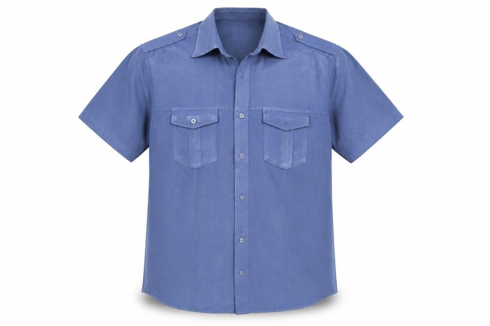 Front view of Lincoln men’s blue button-up, size L