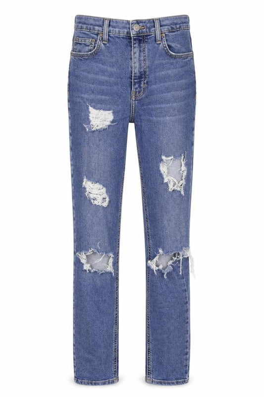 Front view of Topshop women’s blue straight jeans, size UK 30, 29-inch leg