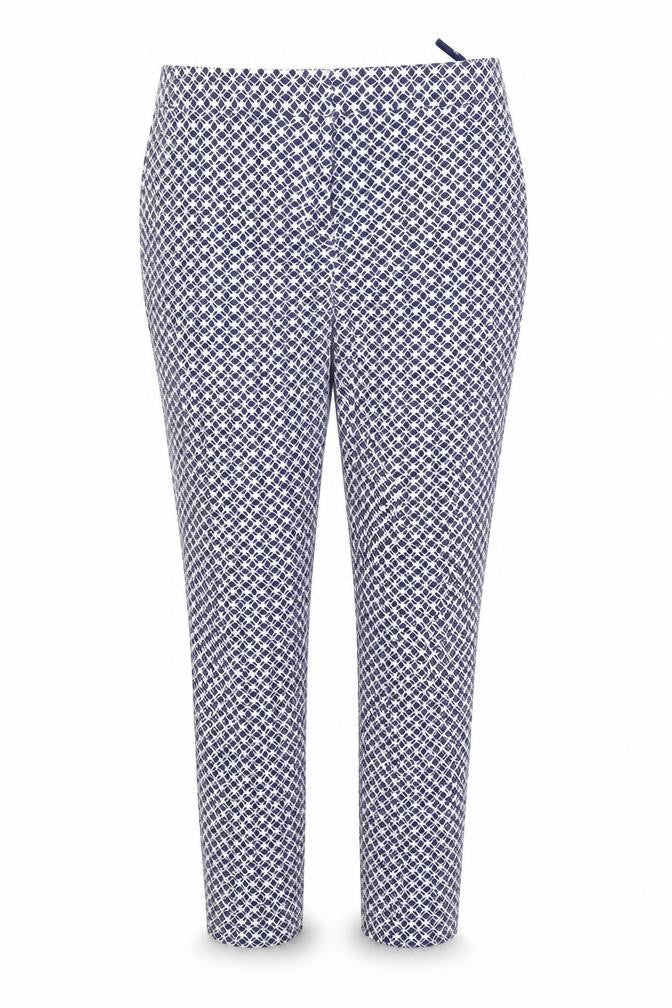 Front view of Tu women’s blue geometric trousers, size UK 10, 25-inch leg