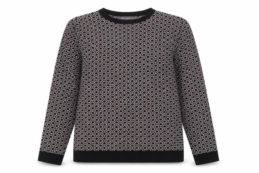 Front view of Papaya women’s black geometric pullover sweatshirt, size UK 14