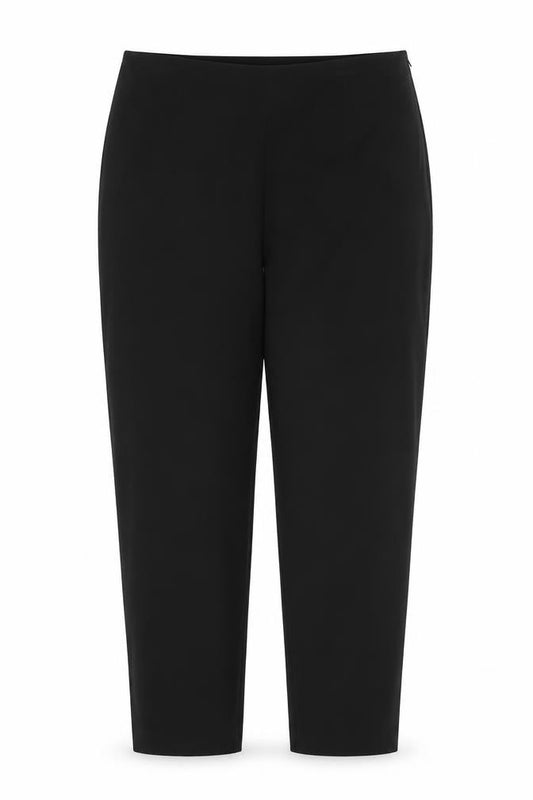 Front view of Preworn women’s black trousers, size UK 14, 28-inch leg