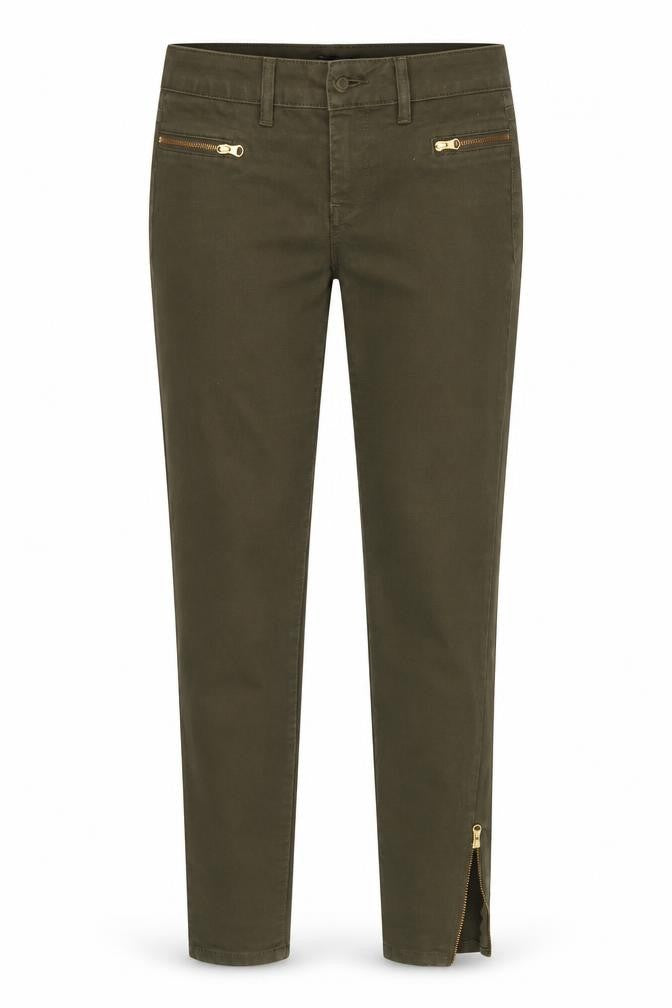 Front view of F& women’s green denim tapered jeans, size UK 6, 28-inch leg
