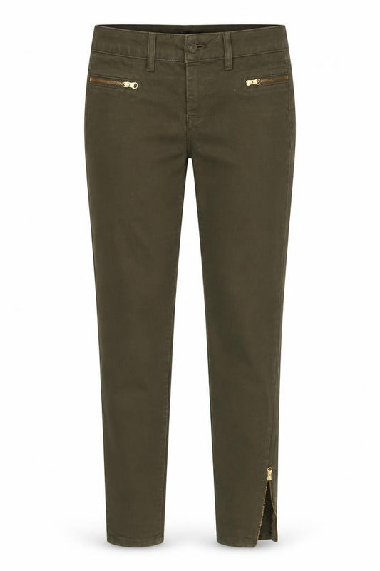 Front view of F& women’s green denim tapered jeans, size UK 6, 28-inch leg