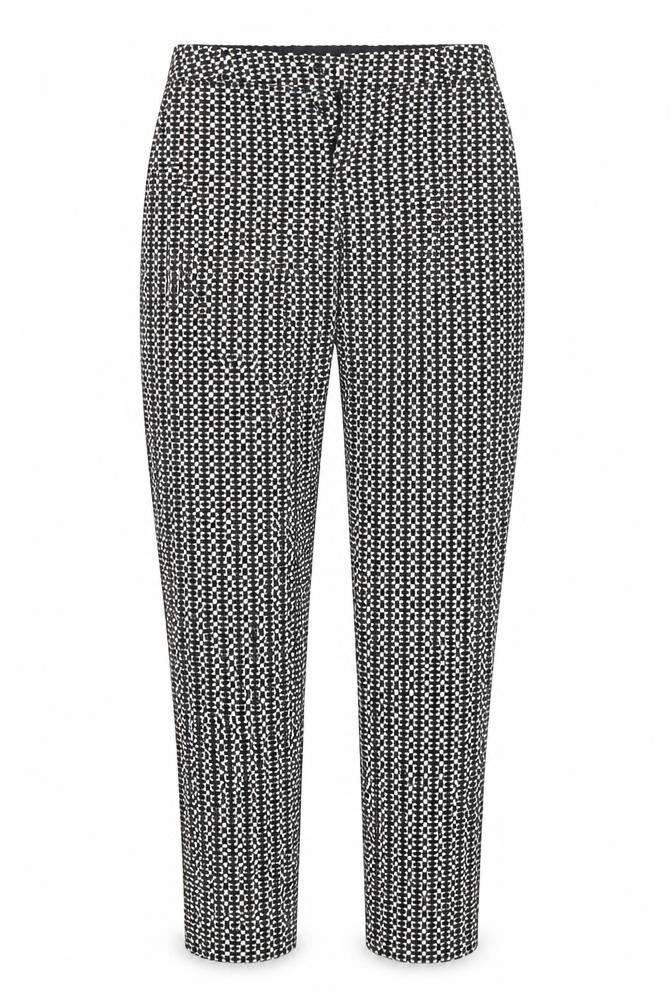 Front view of Miss Selfridge women’s multicoloured geometric trousers, size UK 10, 25-inch leg