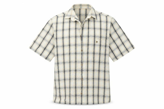 Front view of fairbanks men’s ivory plaid button-up, size M