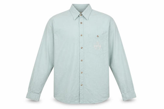 Front view of The Chino Shirt Co men’s blue button-up, size 38