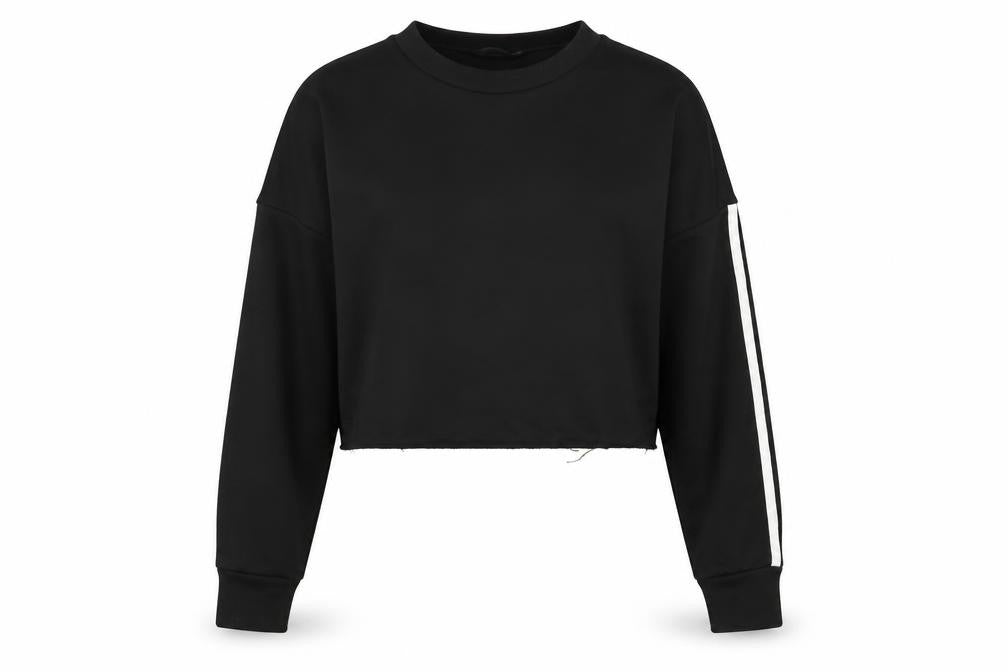Front view of Boohoo women’s black jersey pullover sweatshirt, size UK 16