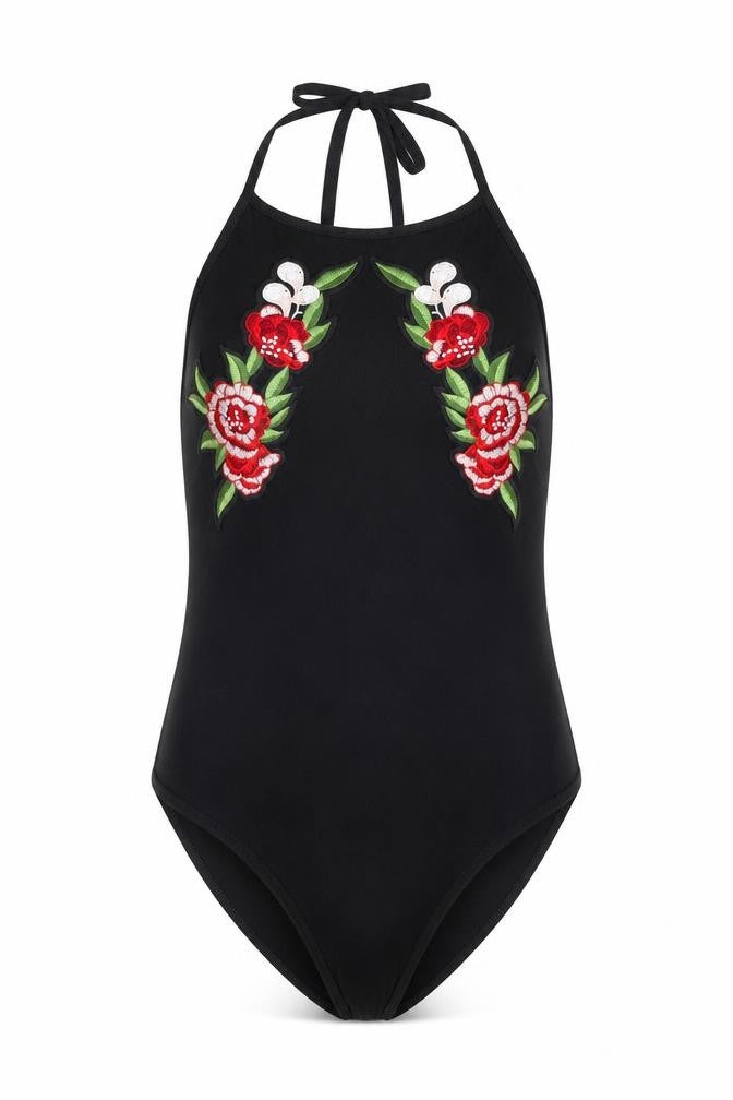 Front view of Select women’s black floral bodysuit one-piece, size UK 12