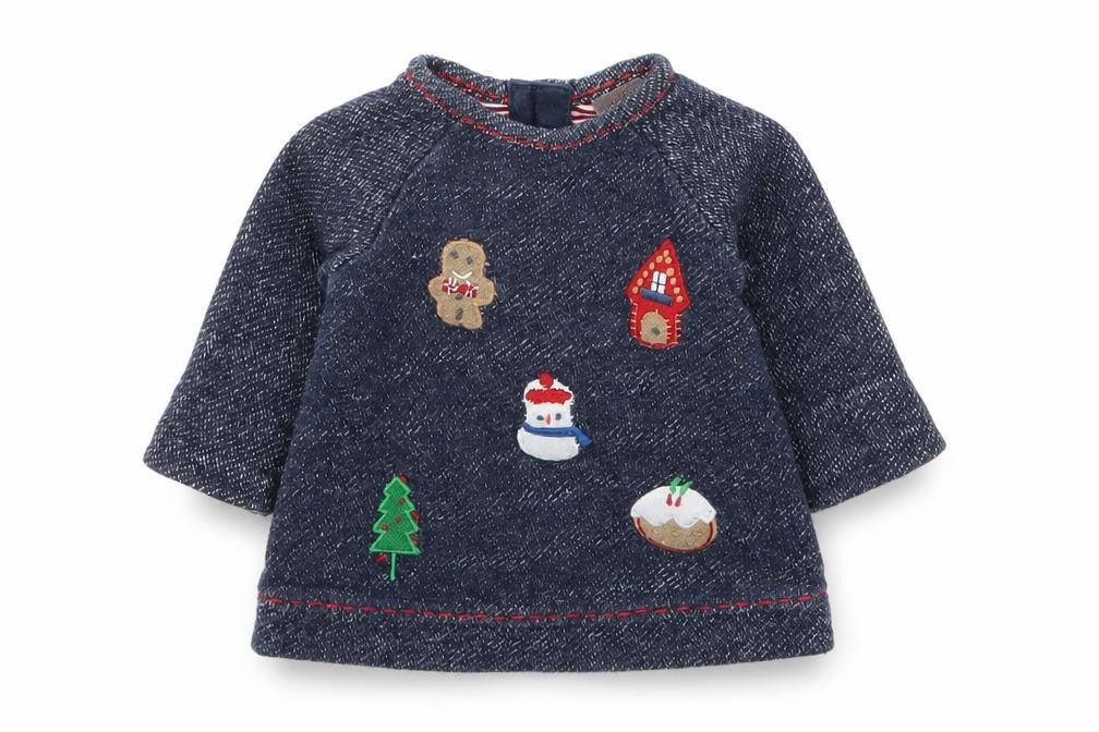 Front view of Next Baby Blue jumper, size 0-3, Months - Christmas Prints