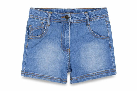 Front view of Minoti girls’ blue denim mom shorts, size 5-6, years