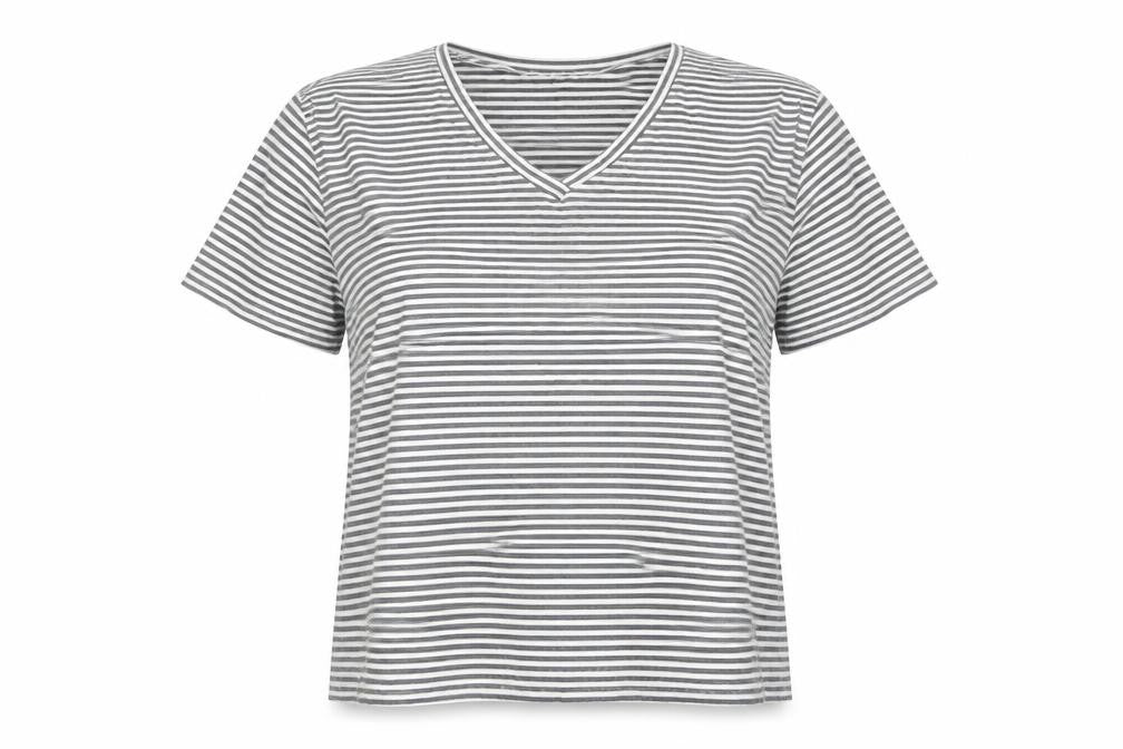 Front view of Riklo women’s grey striped basic t-shirt, size M