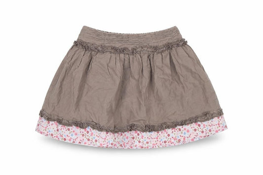 Front view of Mini Club girls’ brown floral flare skirt, size 9-12, months