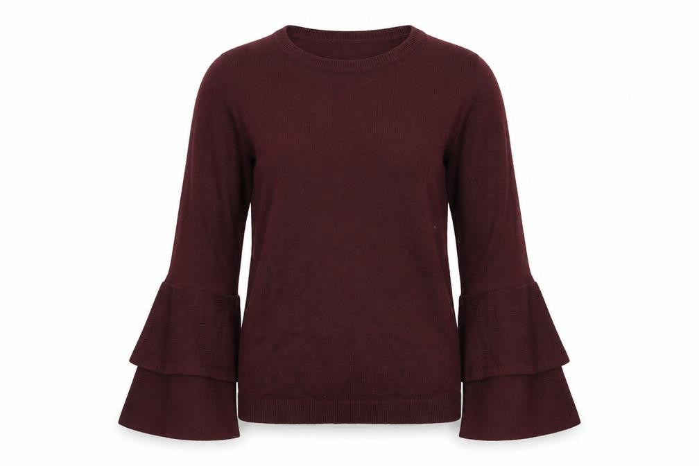 Front view of Dorothy Perkins women’s red jumper, size UK 8, - flair sleeves