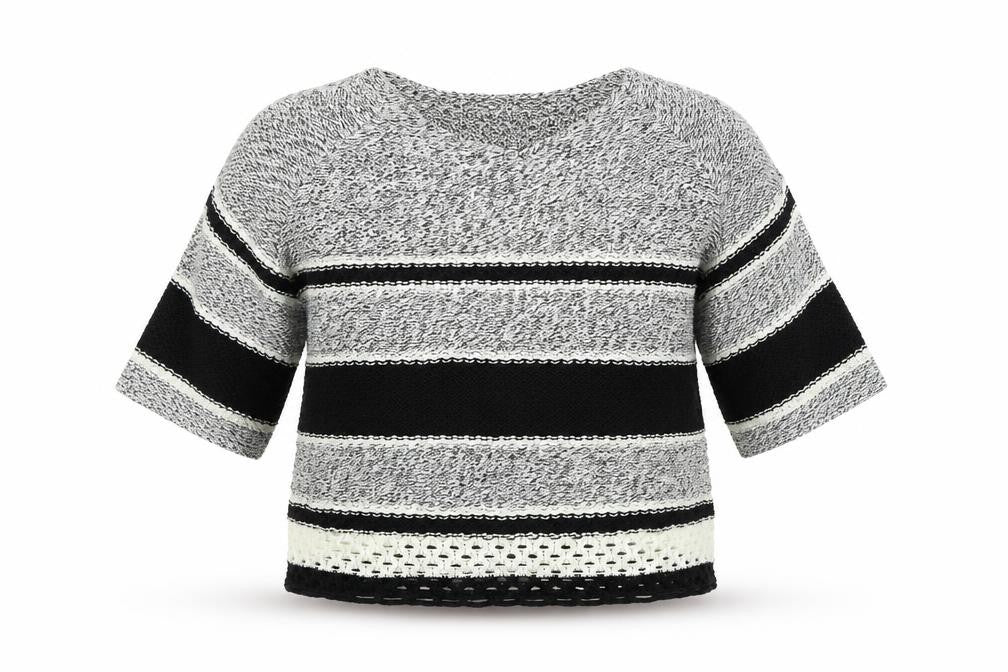 Front view of F&F women’s black striped jumper, size UK 14, - open shoulders