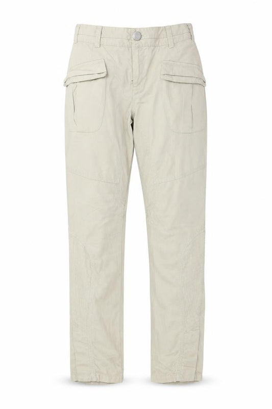 Front view of basic garment women’s beige trousers, size UK 24, in, 27-inch leg