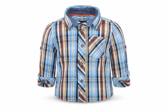 Front view of Autograph boys’ blue check basic button-up, size 12-18, months