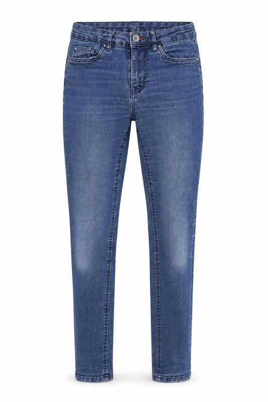 Front view of women’s blue denim skinny jeans, size UK 26, in, 28-inch leg
