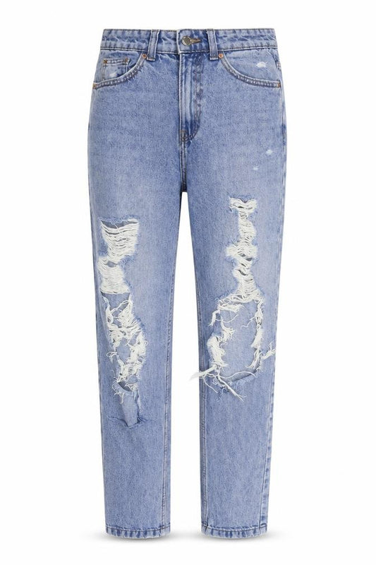 Front view of Denim Co women’s blue denim mom jeans, size UK 6, 27-inch leg