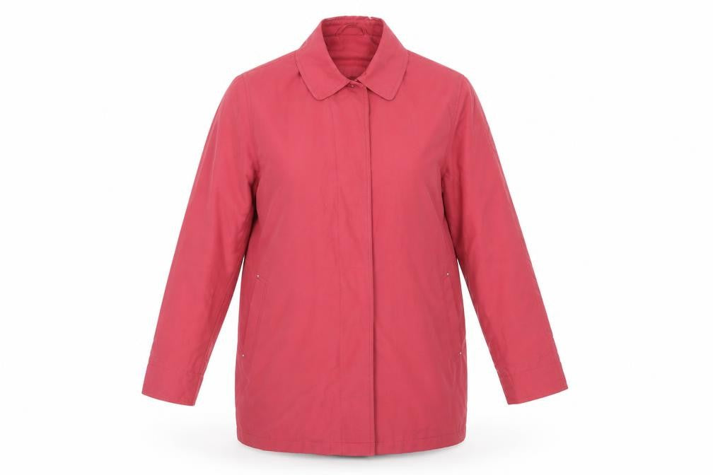 Front view of Damart women’s pink overcoat coat, size UK 46
