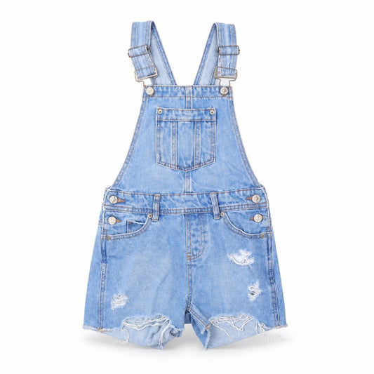 Front view of New Look girls’ blue denim dungarees trousers, size 9, months
