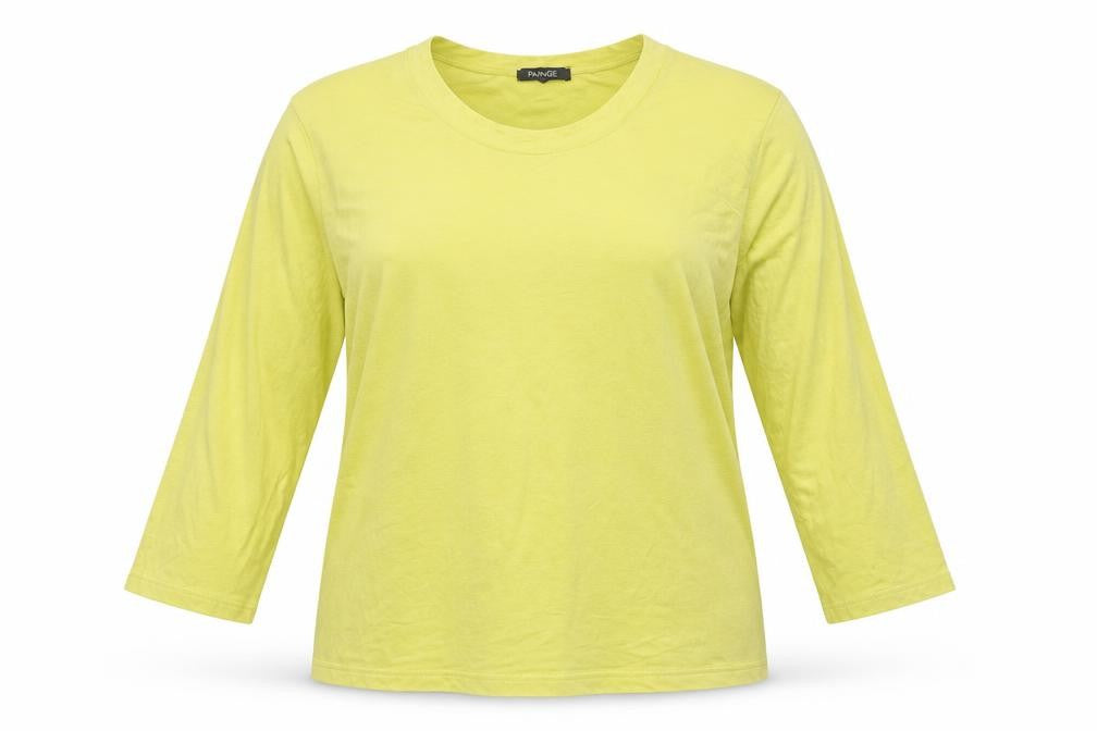 Front view of APANAGE women’s yellow basic t-shirt, size XL