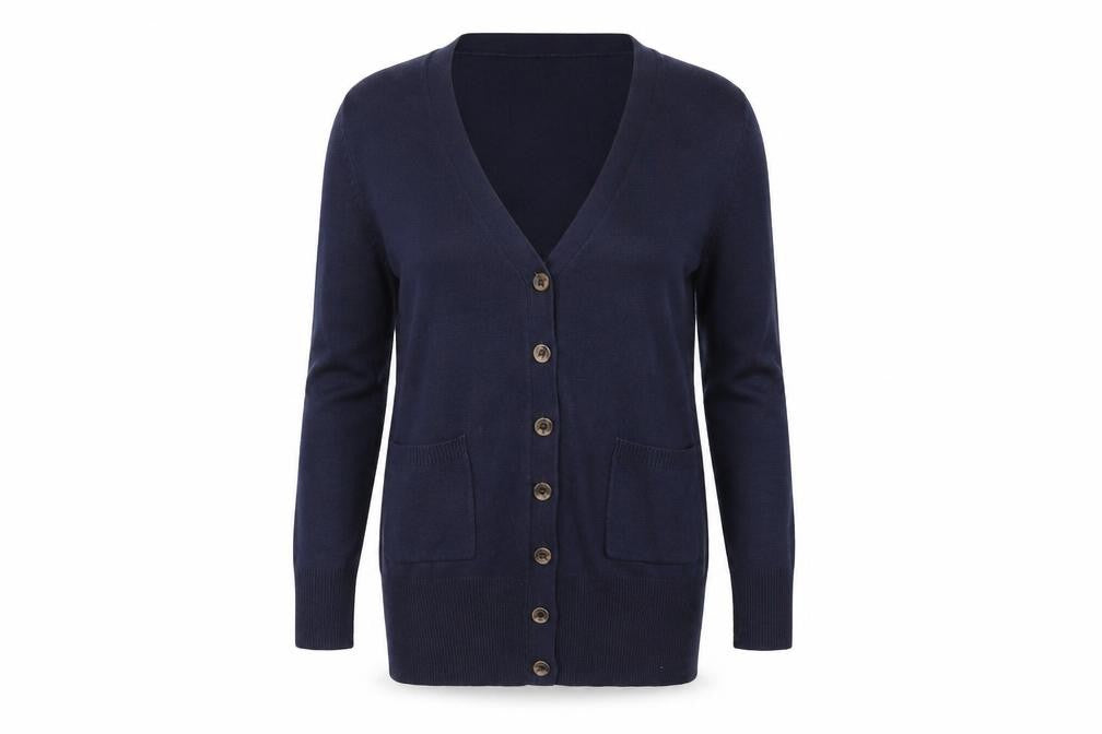 Front view of H&M women’s blue cardigan jumper, size S
