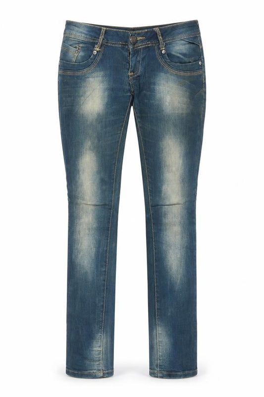 Front view of women’s blue denim straight jeans, size M, 31-inch leg